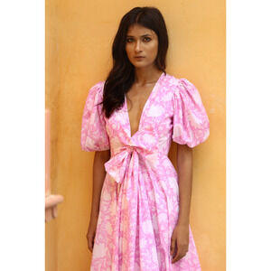Floral Midi Dress Pink S Lola Preppy Bow Floral Wedding Midi Puff Monsoon